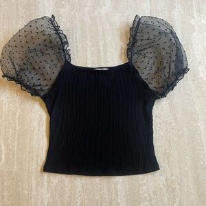 Altar’d State Black Sheer Dotted Puff Sleeve Cropped Blouse - Size S